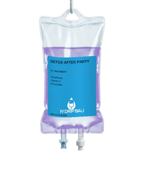 Detox After Party IV bag with IV DRIP BALI label (concept image)
