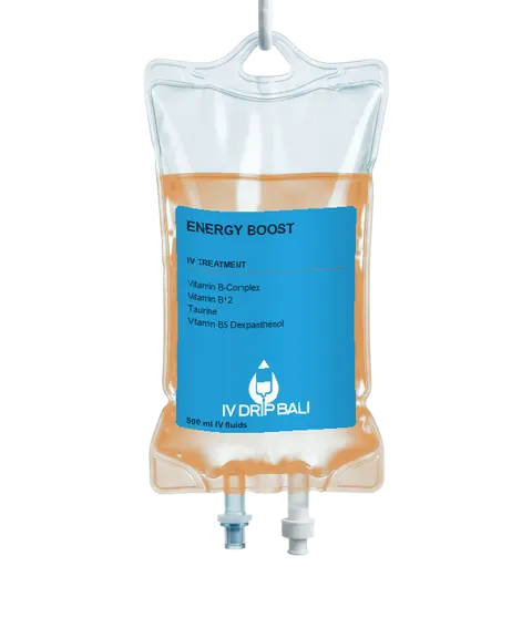 Energy Boost IV bag with IV DRIP BALI label (concept image)