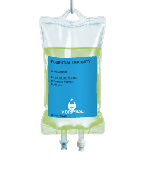 Essential Immunity IV bag with IV DRIP BALI label (concept image)